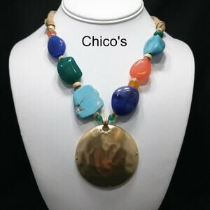 Chico’s Multicolor Beaded Necklace Gold Pendant Suede Cord NWT Statement